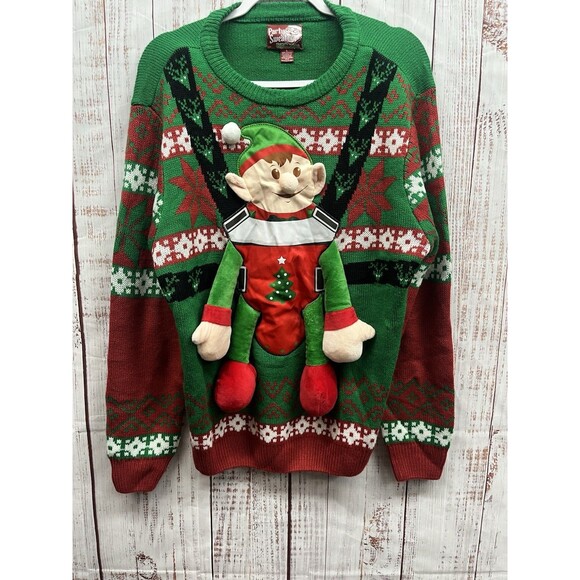 Party Sweater Dec 25th Christmas Fireplace Detachable Stocking Pullover Mens L - Picture 1 of 8